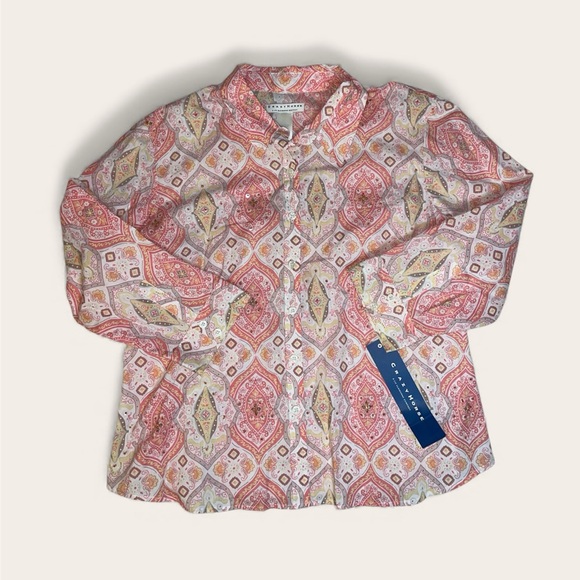 Crazy Horse By Liz Claiborne Tops - Crazy Horse by Liz Claiborne Coral and Yellow Patterned Beaded Button-Up Shirt